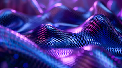 Digital abstract background of glowing neon mesh waves in blue and purple hues.