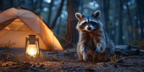 Curious Raccoon Rummages Through Illuminated Campsite Under Starry Forest Canopy - obrazy, fototapety, plakaty