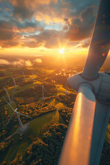 A wind turbine provides a majestic viewpoint of a radiant sunset over a lush landscape - obrazy, fototapety, plakaty