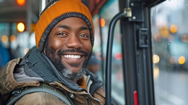 As passengers board, a smiling bus driver welcomes them, highlighting the human aspect and service in public transit.
