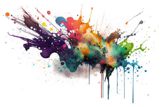 Multicolored abstract paint splash with drips isolated on transparent background, png file