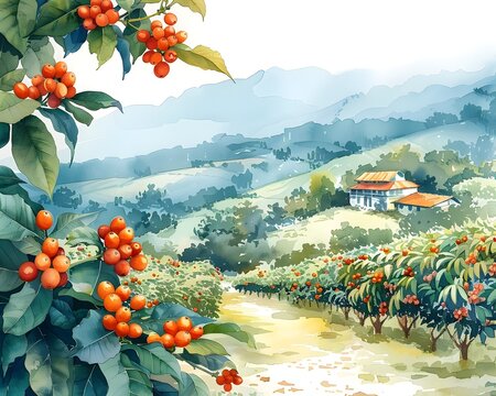 Vibrant Watercolor Landscape of Lush Coffee Plantation with Blooming Berries in Idyllic Countryside Setting