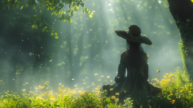 Artistic figure of a woman looking at the sunny forest.