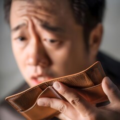 Conceptual image of an Asian man facing financial distress with an empty wallet, representing the inability to pay bills and loans. - obrazy, fototapety, plakaty