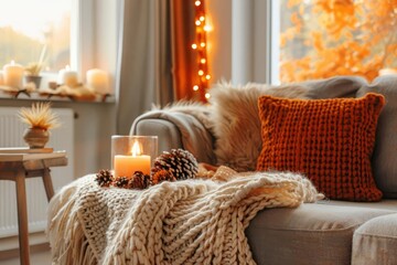 Cozy autumn living room interior with warm colors and decor, seasonal home