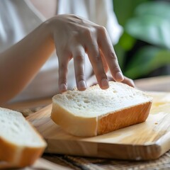 Conceptual image of an Asian woman refusing to eat a slice of white bread due to gluten allergy, symbolizing the challenges of maintaining a gluten-free diet. - obrazy, fototapety, plakaty
