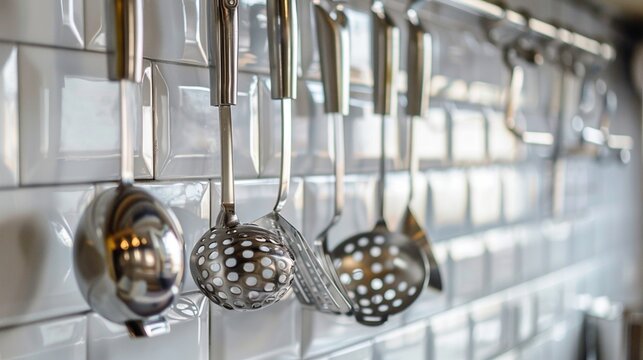 Shiny silver ladle and spatula hanging on hooks against a tiled kitchen backsplash, adding a touch of culinary charm.