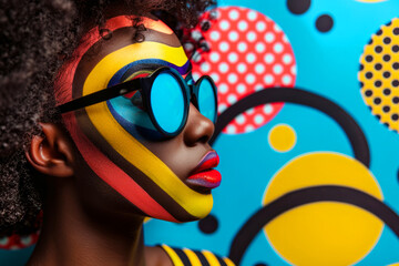A woman with colorful face paint and sunglasses is looking at the camera