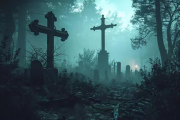 Foto op Plexiglas Creepy Abandoned Cemetery in Foggy Woods at Night, Halloween Horror Atmosphere, Digital Art Illustration © furyon