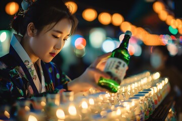 Woman Pouring Beer at Bar - obrazy, fototapety, plakaty
