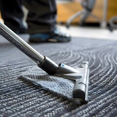 Detailed shot of a person cleaning a carpet with a vacuum cleaner, showcasing the thorough cleaning process.