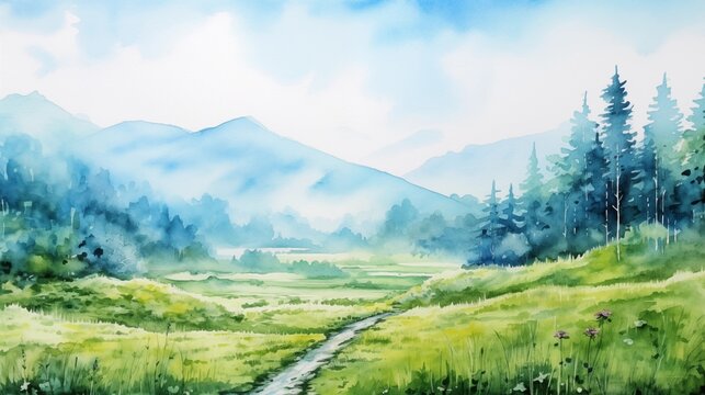 Nature scenery watercolor line wash painting with Mountain, trees, bushes and foliage. . Aesthetic background for wallpaper and poster.