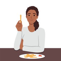 Woman eats french fries without thinking about health risks. Flat vector illustration isolated on white background