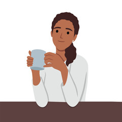 Woman enjoying a cup of coffee. Flat vector illustration isolated on white background