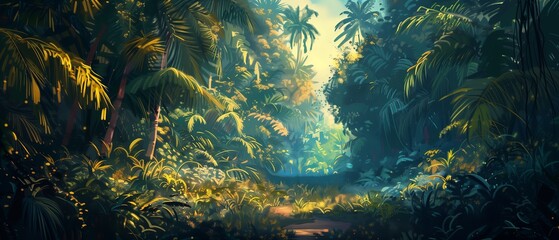 Natural tunnel in tropical jungle forest. Lush, foliage and trees of evergreen dense rain forest. - obrazy, fototapety, plakaty