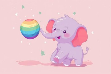 Cute baby elephant playing with colorful ball, adorable cartoon animal character illustration