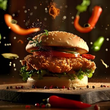 Vibrant and enticing image of a crispy fried chicken burger with flying ingredients and spices, ideal for a food commercial ad showcasing the deliciousness of the meal.