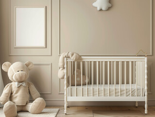 Elegant neutral-toned nursery room with blank frame mockup and plush teddy bear.
