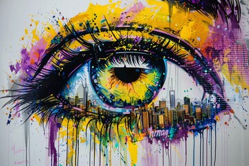 a colorful painting of a colorful eye and city