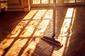 Floor cleaning with mob on a beautiful white floor, floor cleaning products, Clearing company