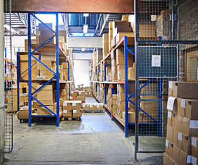 Stock, product and box in factory for ecommerce, delivery and logistics for retail and shipping....