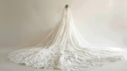 Timeless white bridal gown, adorned with delicate lace and beadwork, presented alone on a pristine white surface.