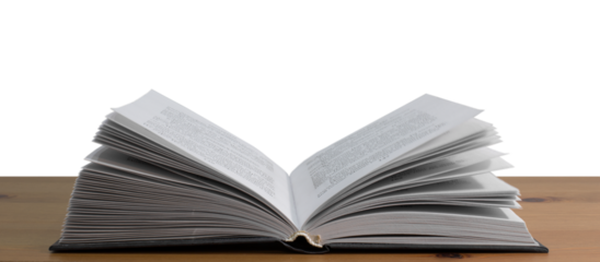 Open book on a wooden table, transparent PNG.