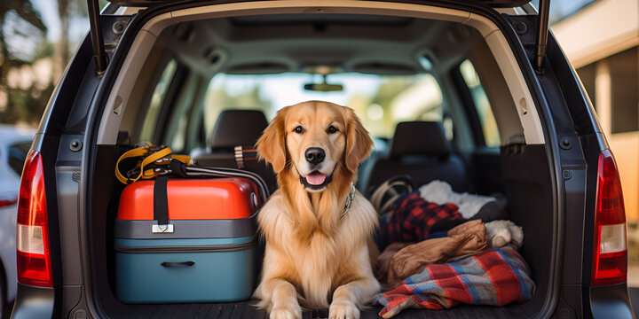 Cachorro engraçado sentado no porta-malas do carro pronto para a viagem de férias de verão
