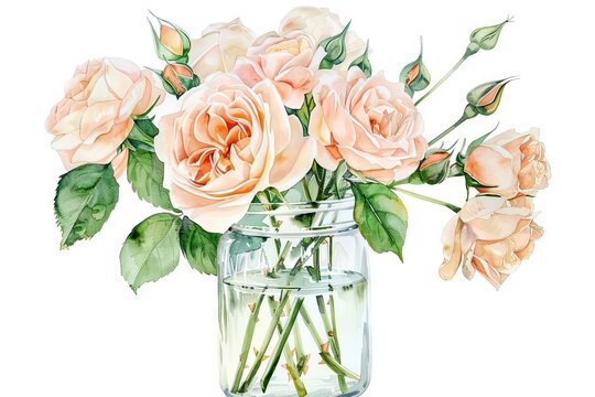 Delicate watercolor composition of peach fuzz color roses and green leaves in a glass jar, hand drawn floral illustration isolated on white background