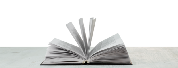 Open book on a wooden table, transparent PNG.