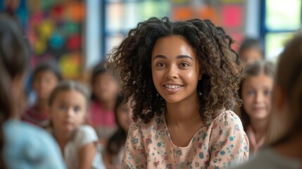 Happy Diverse School Children And Teacher Woman Having Class Sitting At Desk In Classroom At School. Modern Education And Knowledge Concept. Selective Focus