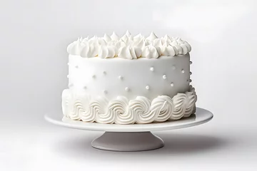 Poster Side view white birthday or wedding cake with white whipped cream mock up isolated on white background © Oksana