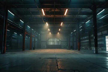 Dramatic lighting in an empty warehouse, evoking a mysterious ambiance - obrazy, fototapety, plakaty