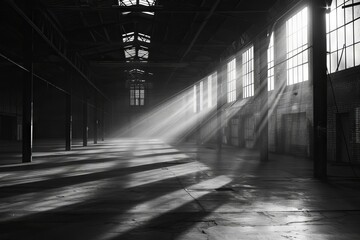 Dramatic lighting in an empty warehouse, evoking a mysterious ambiance