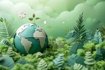 Obraz na płótnie Canvas A paper art representation of the world environment and Earth Day concept with a globe and eco-friendly environment