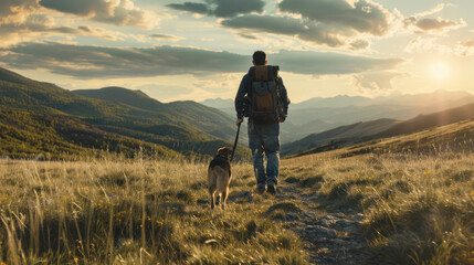 Un hombre blanco cargando una mochila de senderismo y su perro de senderismo por una montaña con luz de atardecer - obrazy, fototapety, plakaty