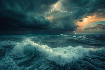 Dramatic storm clouds and lightning over a turbulent ocean with crashing waves, moody seascape photography - obrazy, fototapety, plakaty