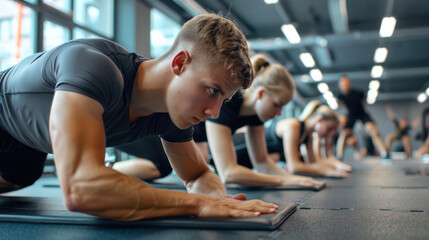 Grupo de deportistas realizando ejercicios de planchas en un gimnasio moderno, enfatizando la concentración y la fuerza colectiva en el entrenamiento.