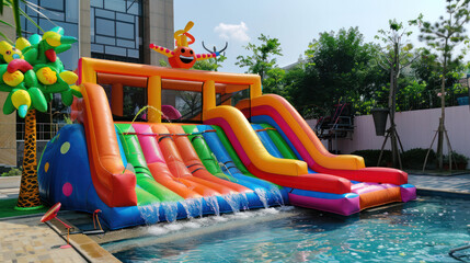 Coloridos toboganes inflables en un patio trasero con una piscina