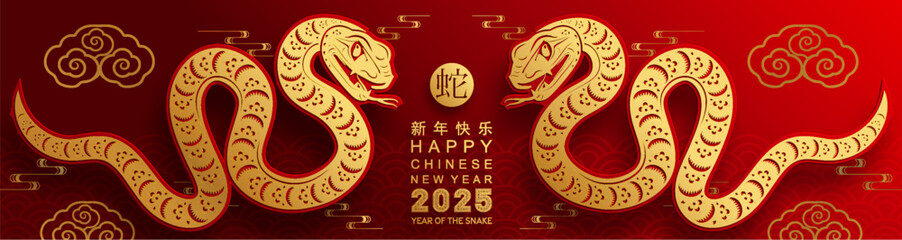 Happy chinese new year 2025 the snake zodiac sign with flower,lantern,asian elements red paper cut style on color background. ( Translation : happy new year 2025 year of the snake )
 - obrazy, fototapety, plakaty