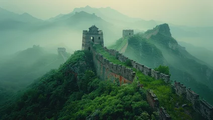 Foto op Plexiglas The Great Wall of China, with the wall winding on top of green mountains and shrouded in misty air © Intel