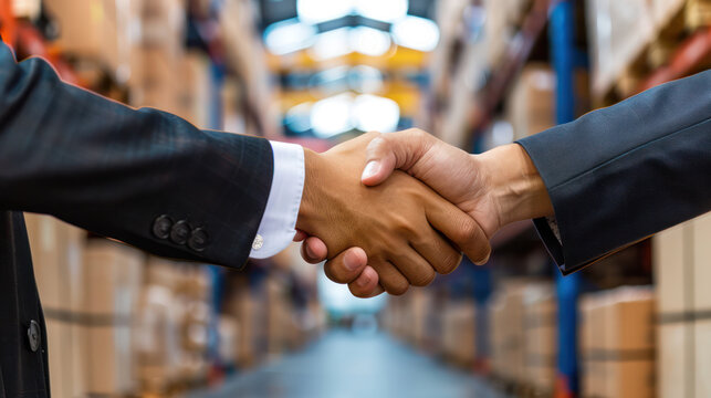 Acuerdo de Negocios en Almac&eacute;n Log&iacute;stico.
Dos empresarios sellan un trato con un firme apret&oacute;n de manos en un almac&eacute;n.