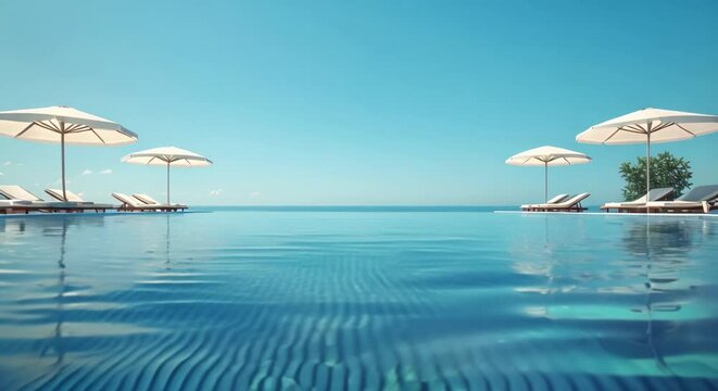 Looping Animation Of Tranquil Hotel Pool With Umbrellas Under Clear Sky 