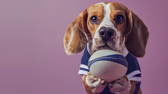 Surreal Beagle Rugby Player Holding Miniature Ball on Purple Background