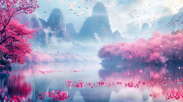 Ethereal Spring in Asia: Misty Mountains Embrace the Soft Blooms, Painting a Picture of Tranquil Beauty Amidst the Silence
