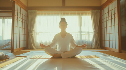 Serenidad en la Práctica de Yoga Matutina.
Una mujer en meditación de yoga durante una tranquila mañana, luz dorada en una habitación tradicional japonesa