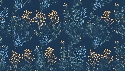 Fotobehang Botanical-seamless floral pattern with colorful flowers. Tender field plants on a blue background © Farjana Fim