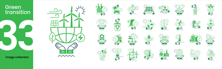 Alternative clean energy. Transition to environmentally friendly world concept.  Ecology infographic. Green power production. Transition to renewable alternative energy.