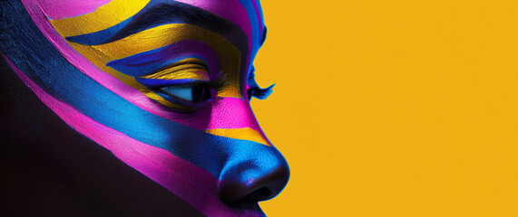 A woman with red and blue stripes painted on her face. The woman's makeup is bold. Beauty woman bright makeup, style of bold colorism, geometric shapes in bright fashion pop art design. pop art style.