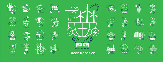 Alternative clean energy. Transition to environmentally friendly world concept.  Ecology infographic. Green power production. Transition to renewable alternative energy.